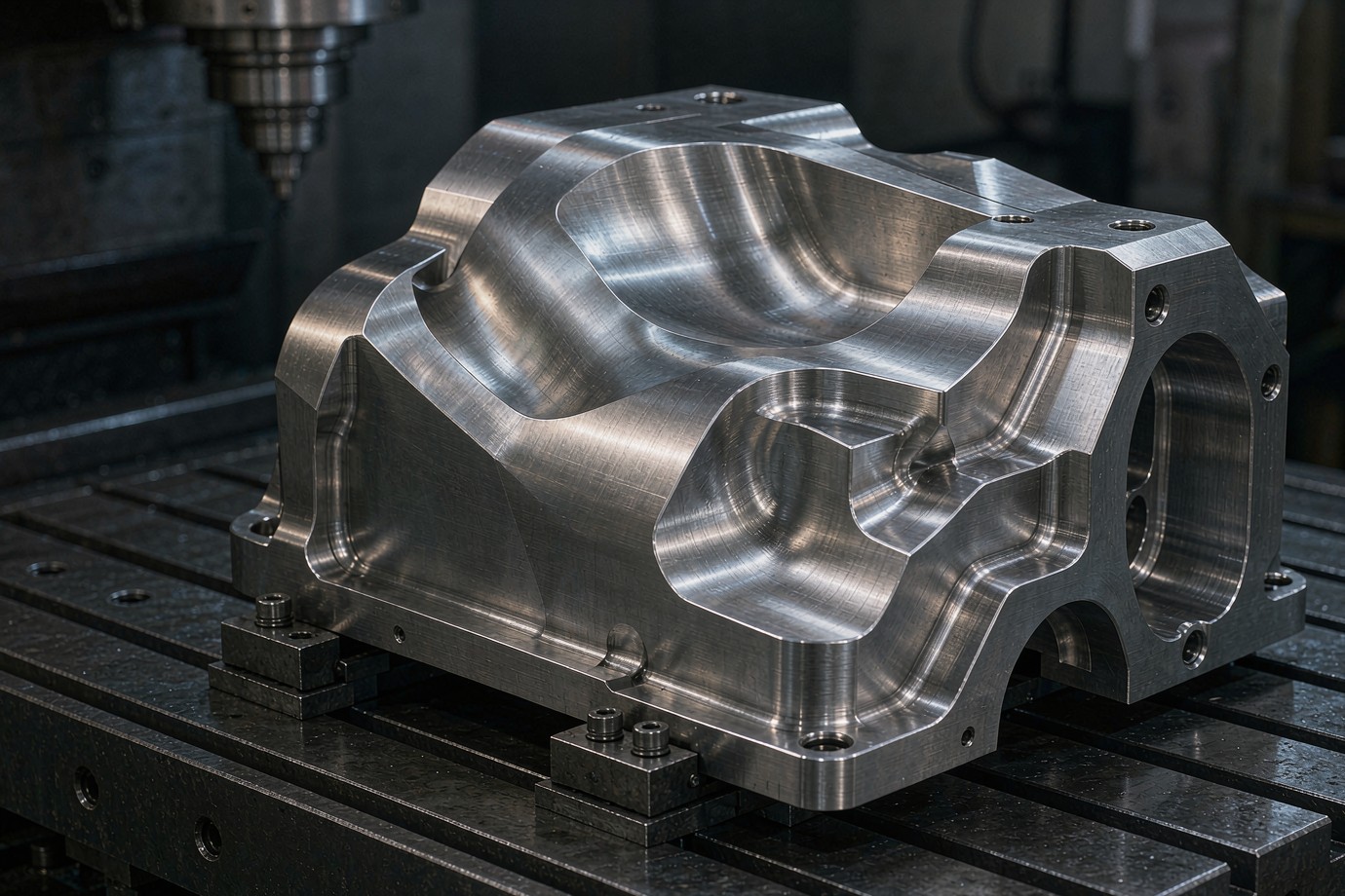 5-axis CNC machined metal component with contoured curved surfaces and angled features
