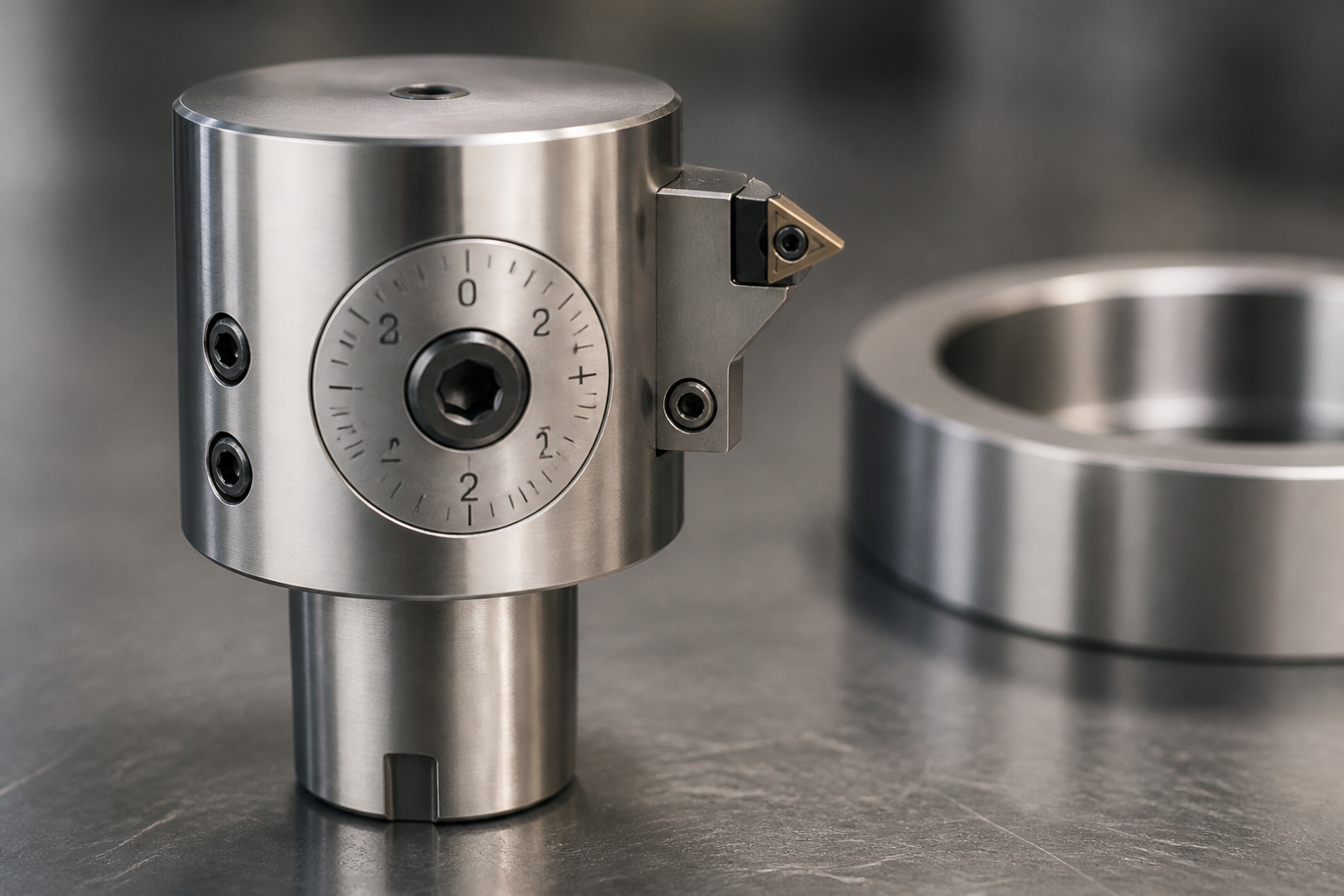 Adjustable fine boring head with a radial insert cartridge, a graduated micrometer dial around a central hex socket, clamping screws and a notched taper shank, standing beside a bored steel ring