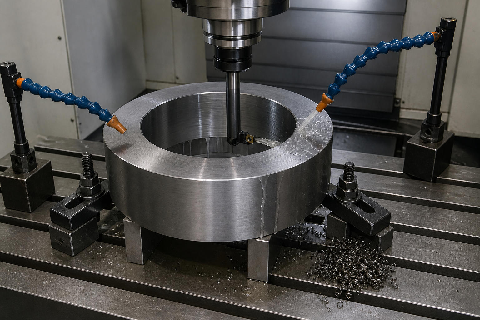 Single-point boring bar cutting inside a large clamped ring workpiece, with coolant and a coil of steel chips on the machine table