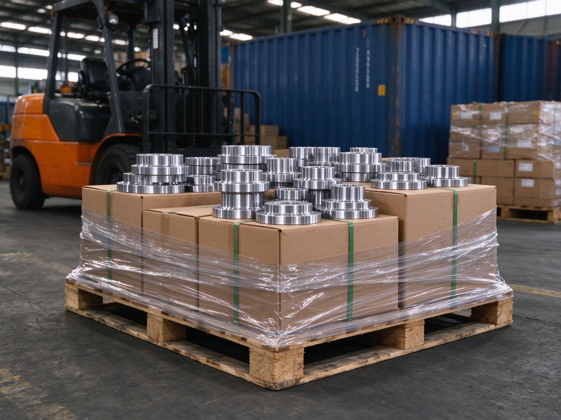 Export cartons with machined parts on a pallet