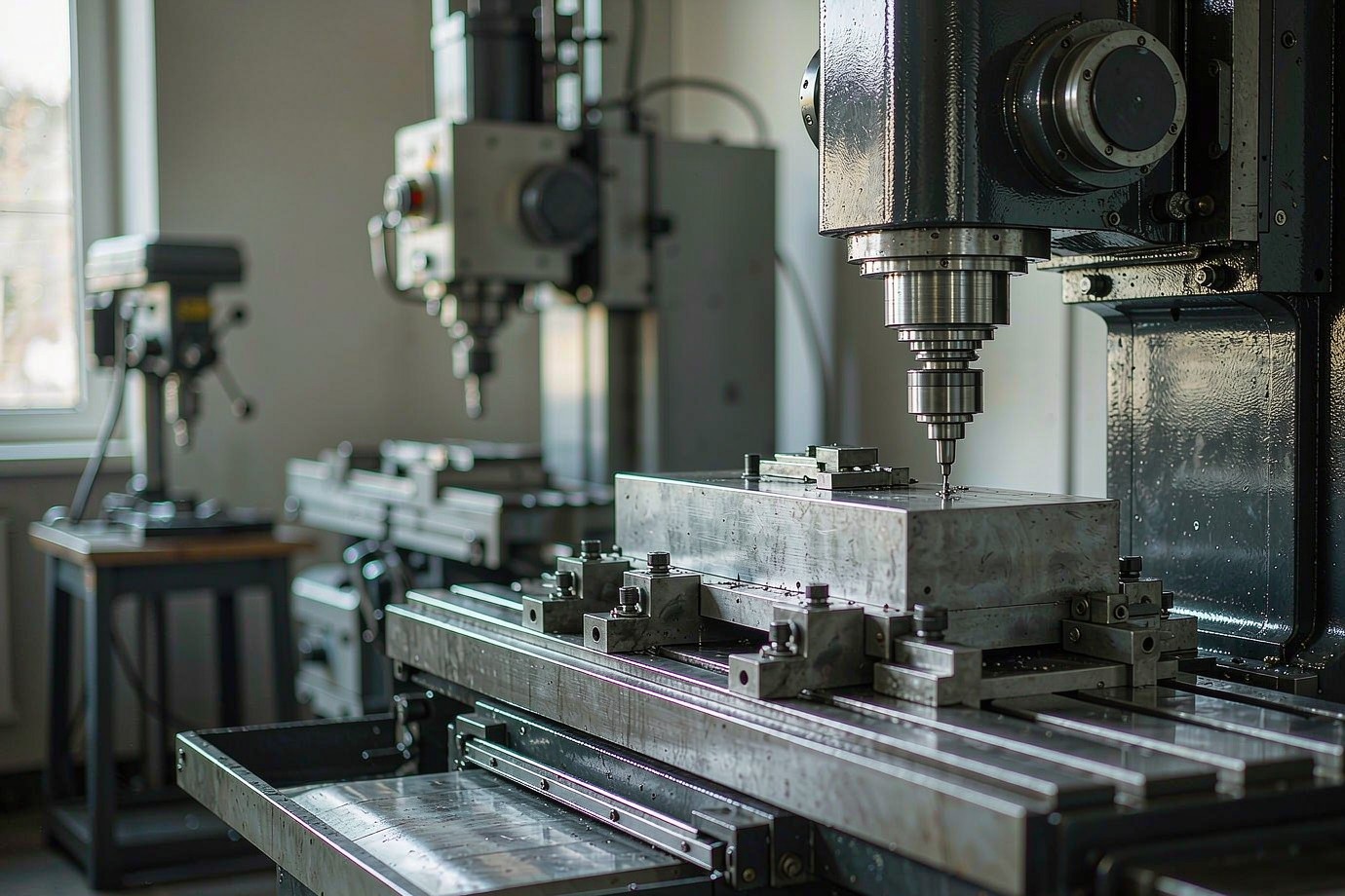 CNC vertical machining center with an aluminum workpiece clamped on the table and the spindle engaged