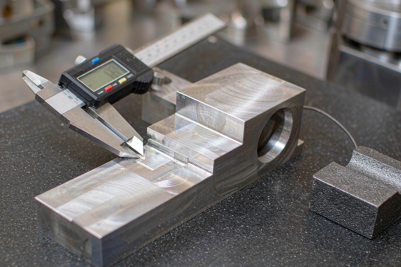 Illustrative: a machined metal component being measured during inspection
