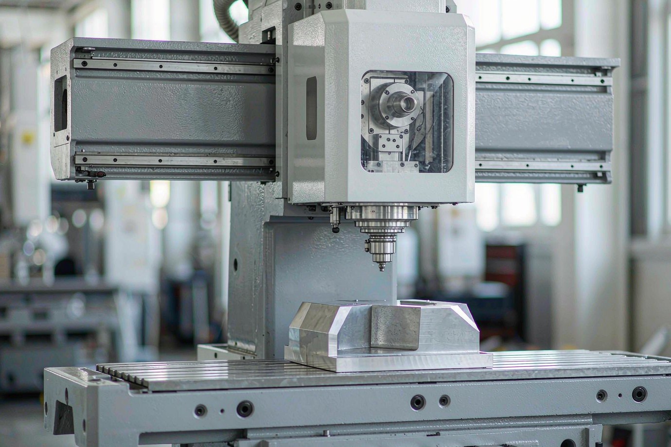 Illustrative: a CNC machining center with a finished metal part positioned on the table