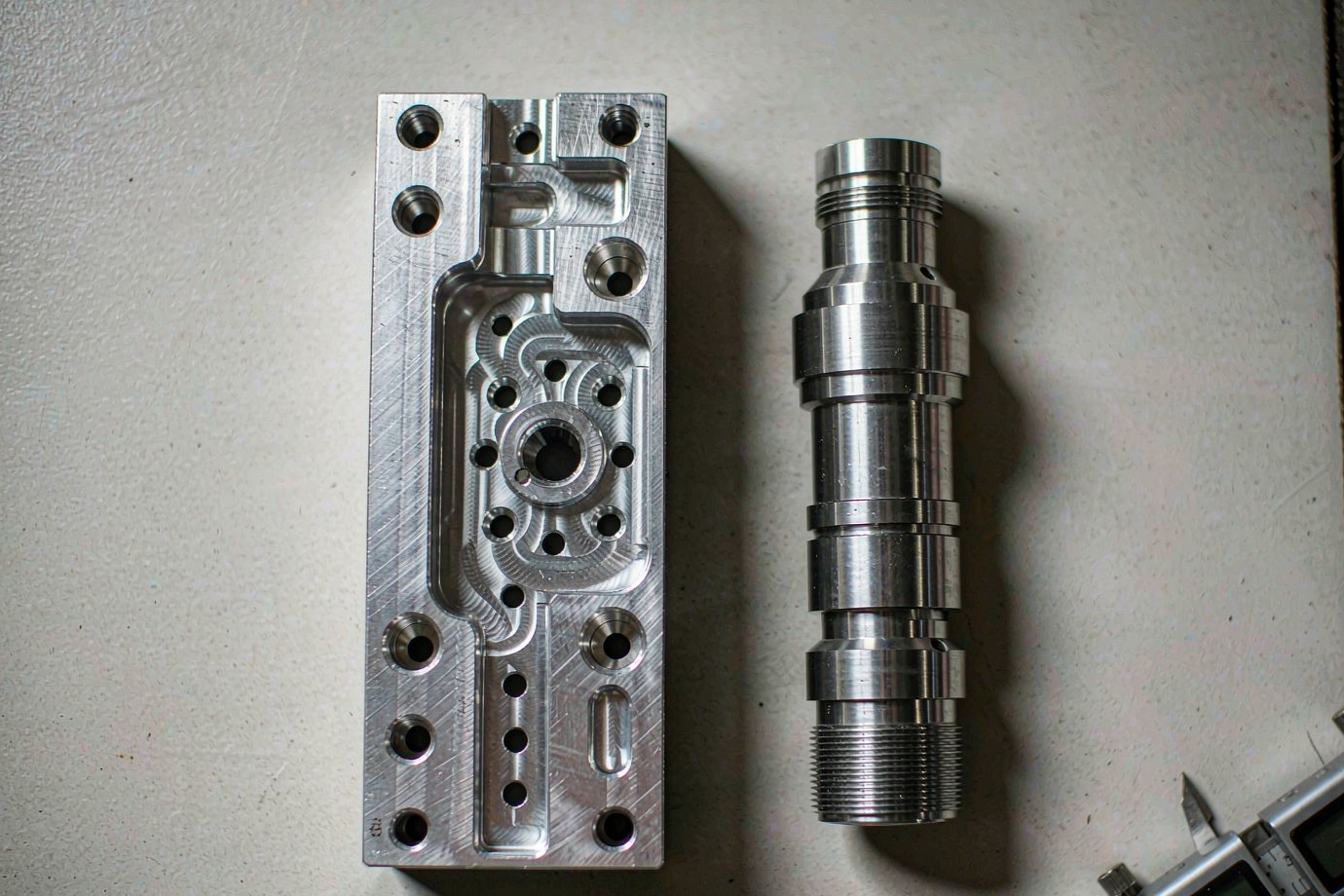 A milled aluminum bracket with pockets and a turned stainless steel shaft shown side by side