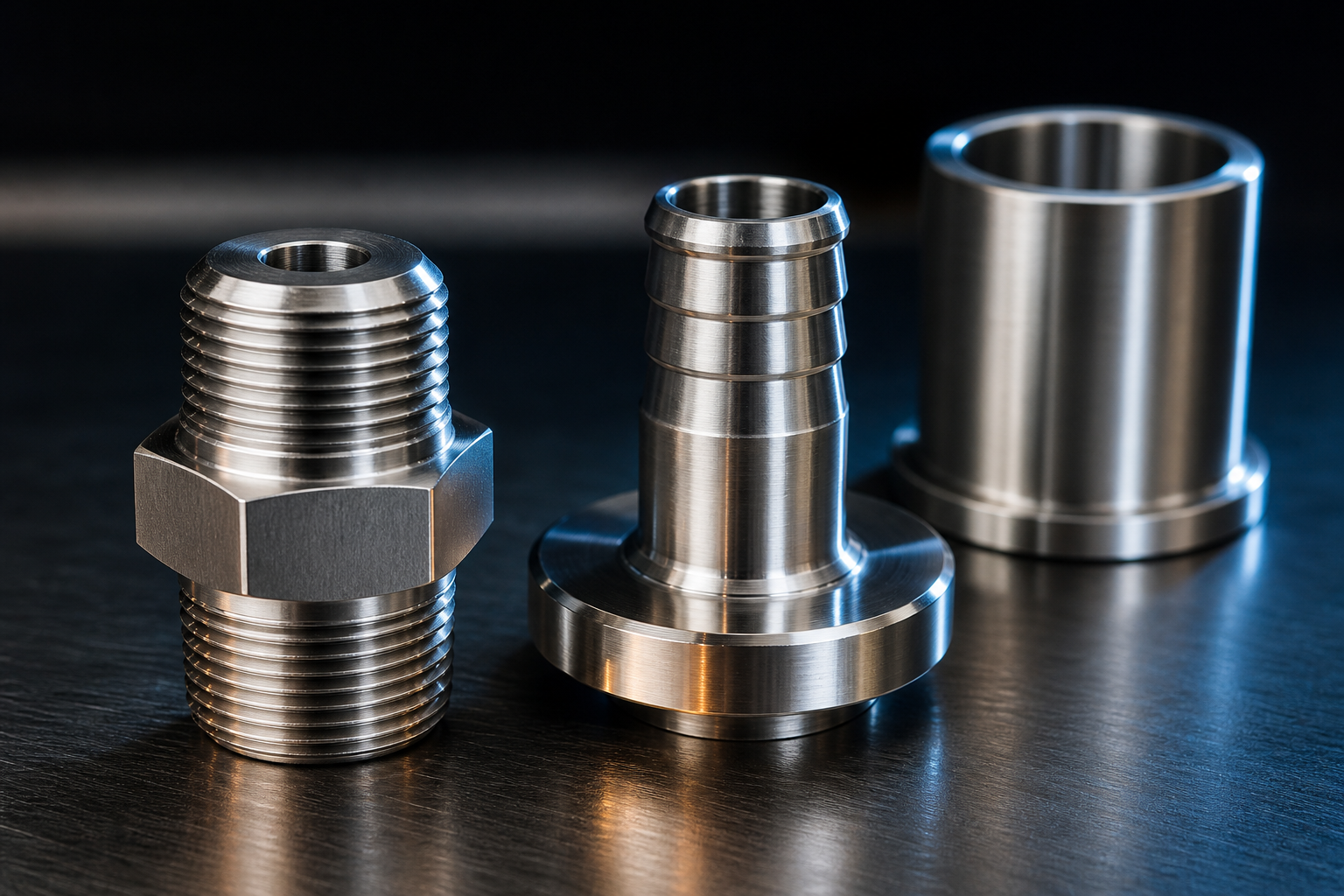 Three machined 316L stainless steel pipe connectors: a hex-body threaded nipple, a flanged adapter with a barbed spigot, and a smooth-bore weld spigot