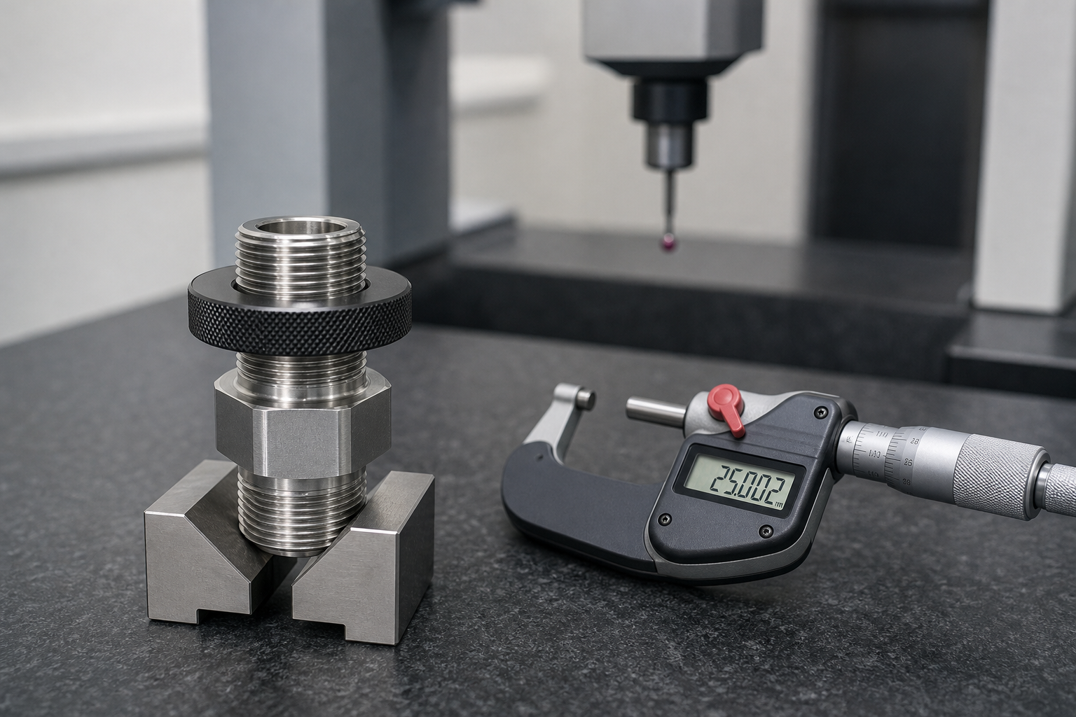 A machined stainless steel connector held in a vee-block on a granite surface plate while a thread ring gauge is engaged on the upper thread, with a digital micrometer beside it and a coordinate measuring machine in the background