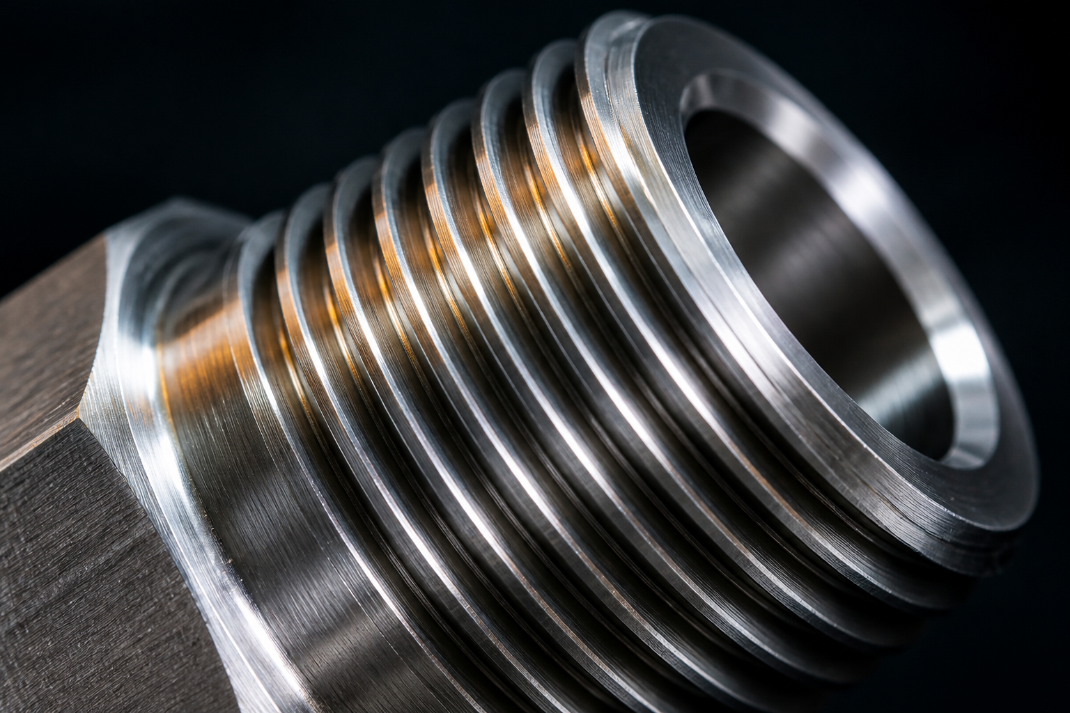 Macro view of a single-point turned external thread on a 316L stainless steel connector, showing even helical tool marks on the flanks, a clean crest and a deburred chamfer at the thread start