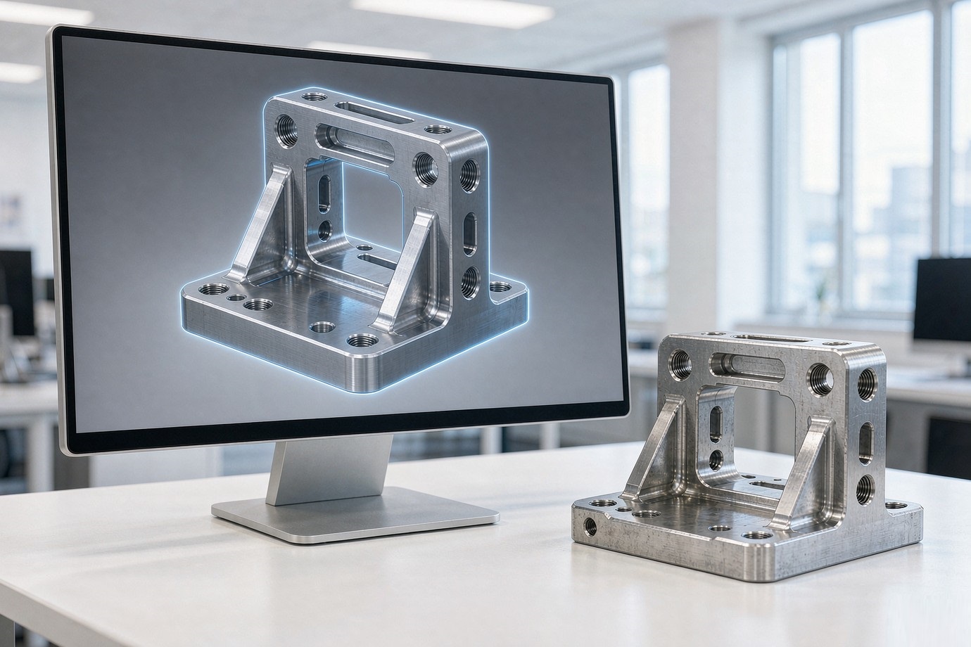 Illustrative — CAD model on screen next to the finished machined prototype