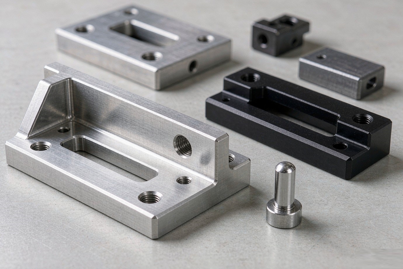 Illustrative — precision CNC machined prototype parts on a workbench