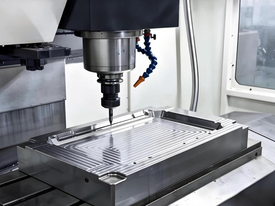 Illustrative — 5-axis CNC milling machine machining an aluminum block