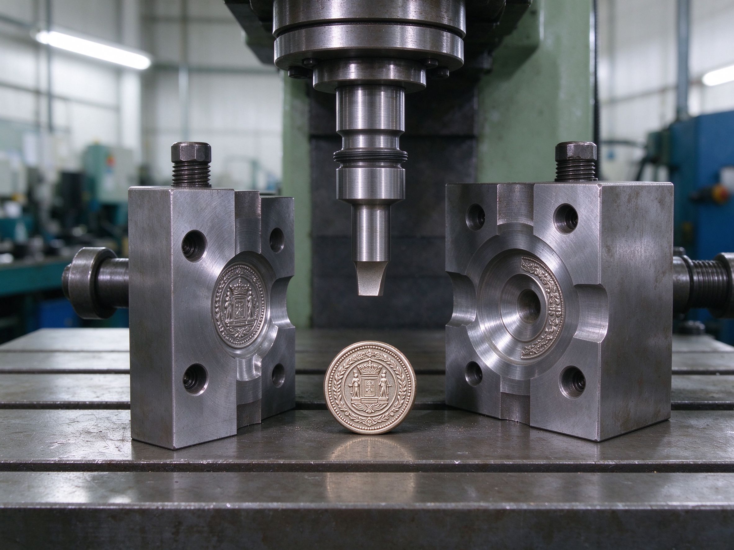 Coining die set with a coined metal part in a stamping press