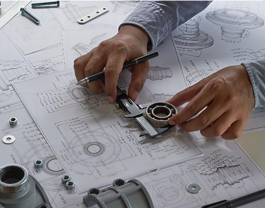 Engineer reviewing a technical drawing revision with calipers before confirming production requirements