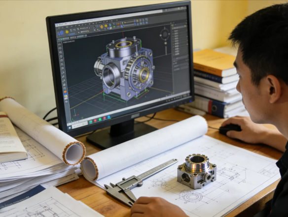 Manufacturing engineer reviewing technical drawings with a machined part and a laptop video call in a CNC workshop