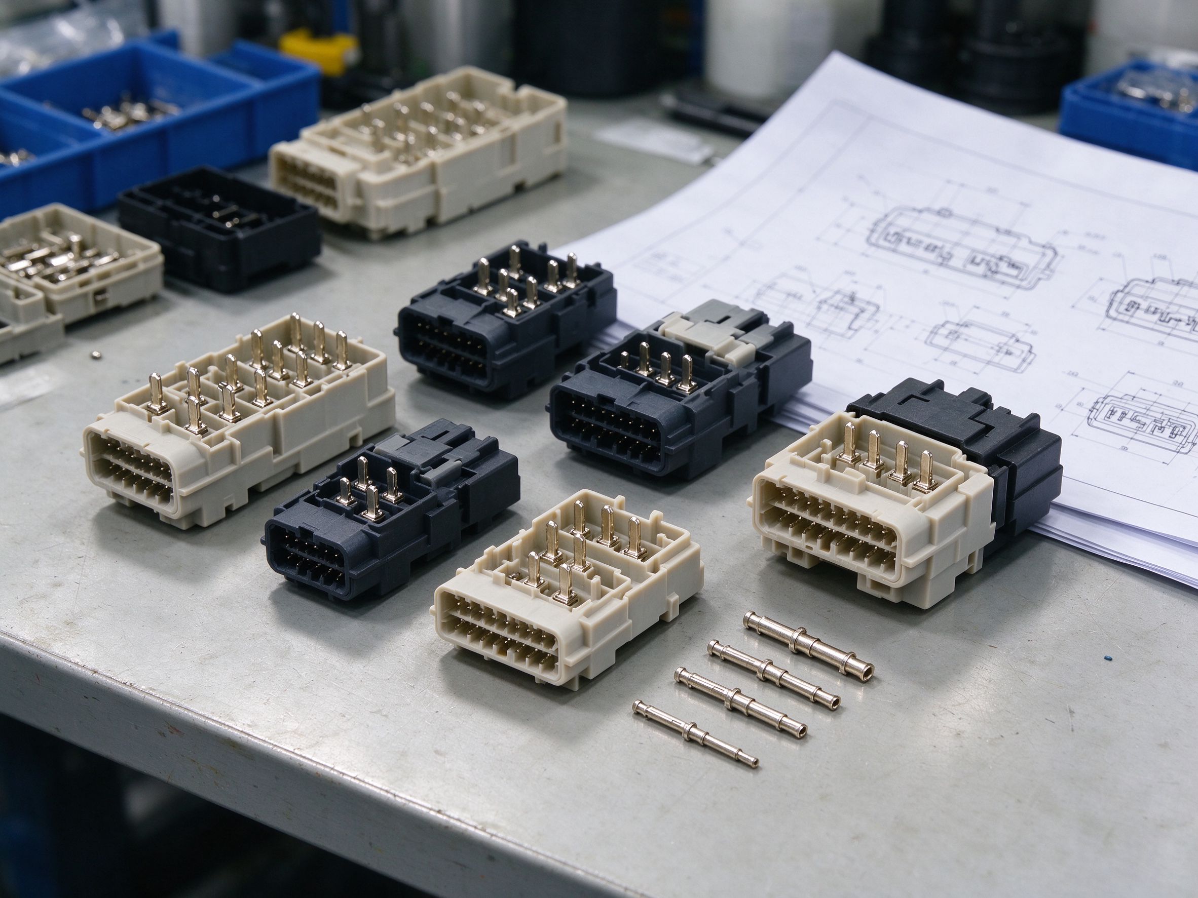 Automotive connector housings with insert molded metal terminals