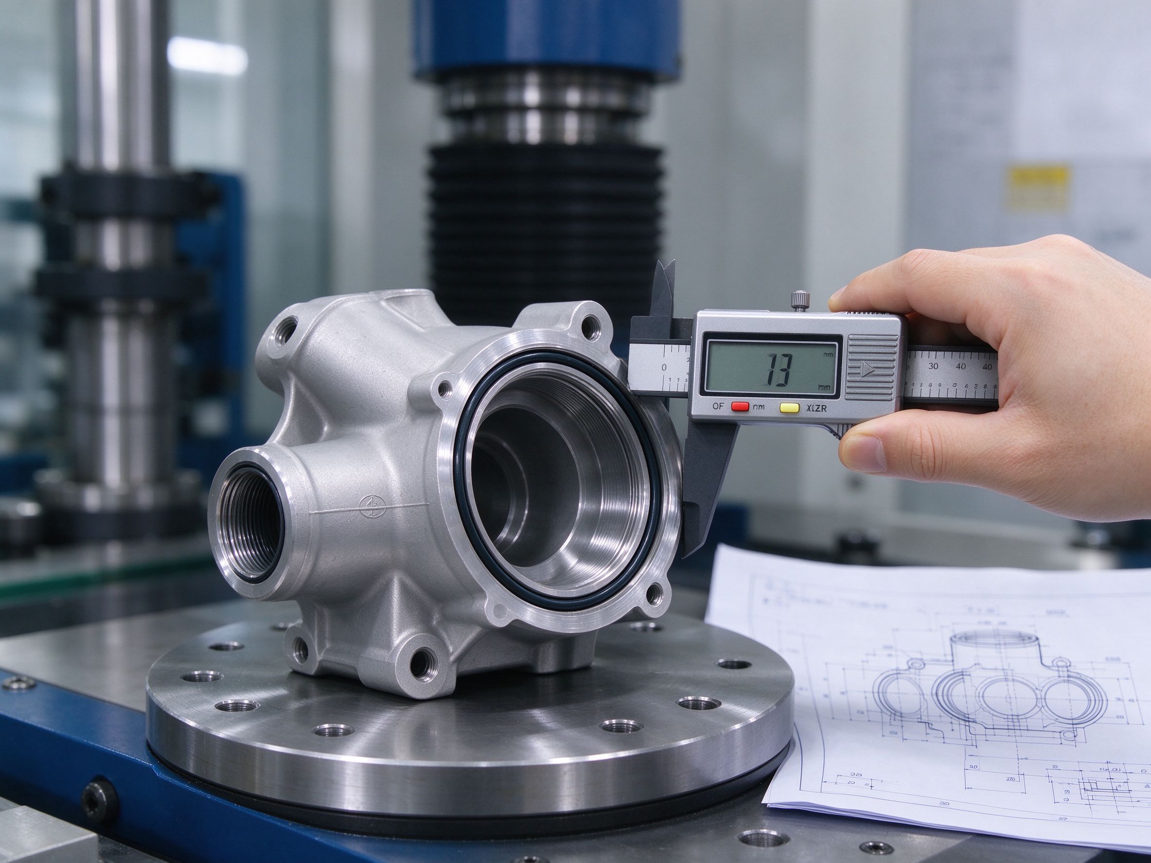 Inspector measuring sealing groove dimensions on a plastic valve body