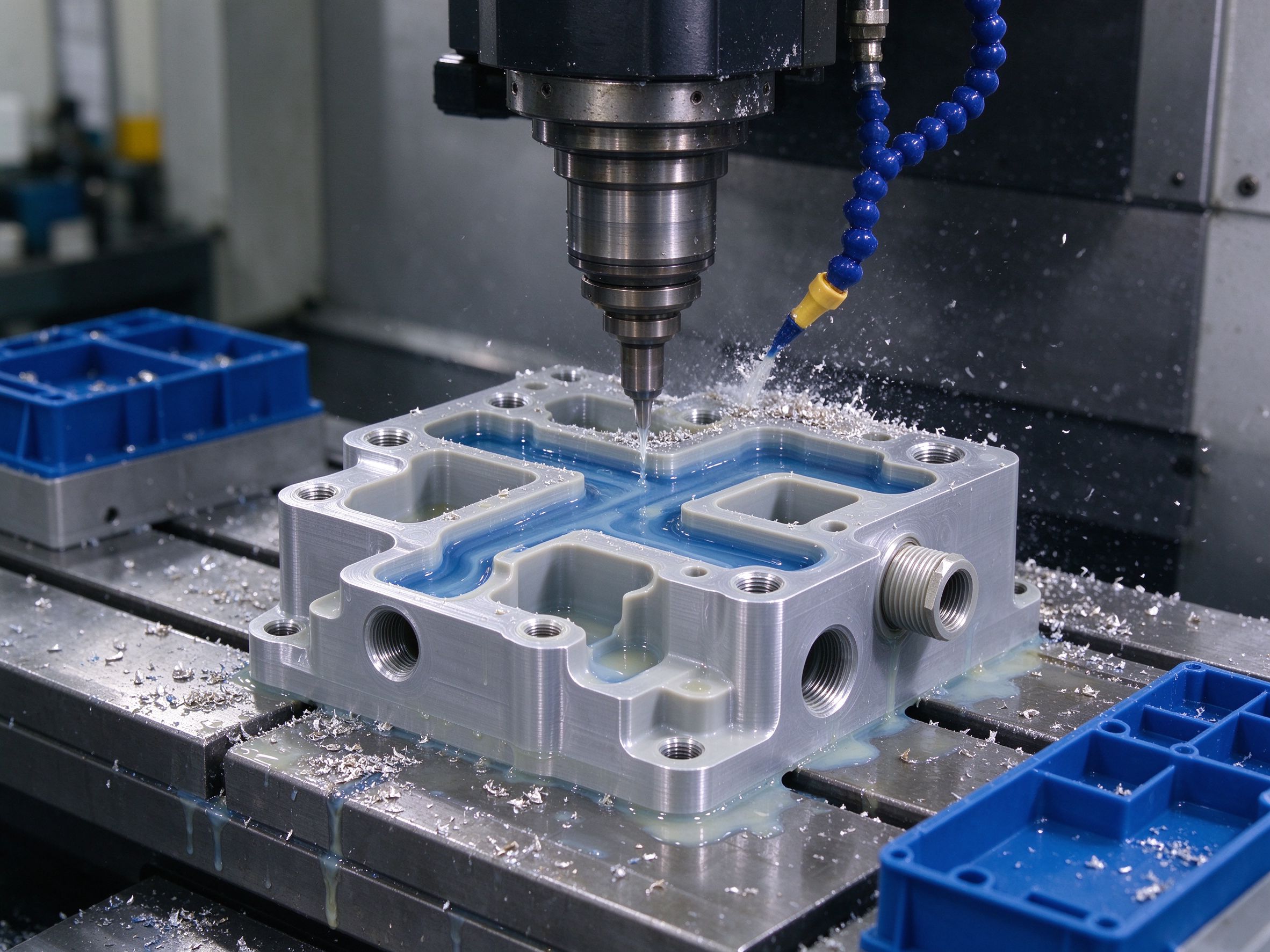 CNC machining of a plastic fluid manifold block with threaded ports