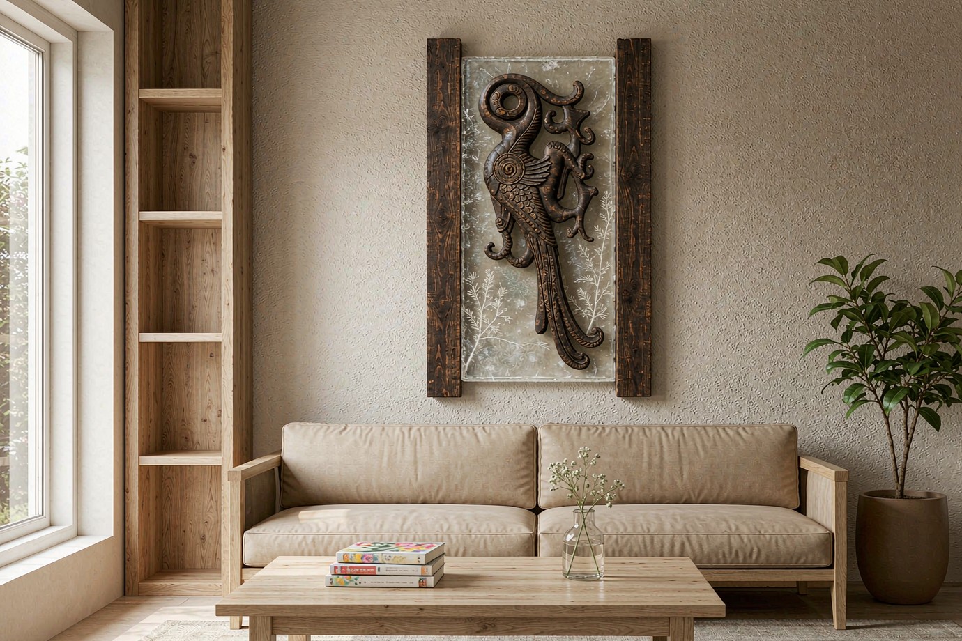 Illustrative rendering of a custom carved wood wall art panel displayed above a sofa in a neutral living room