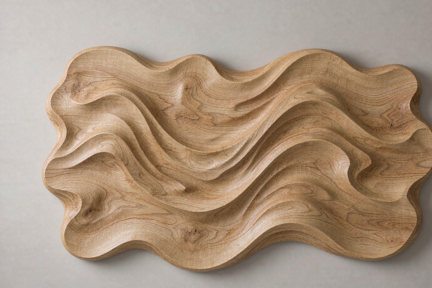 Illustrative rendering of a custom carved wood wall art panel with an organic relief pattern in a light oak tone
