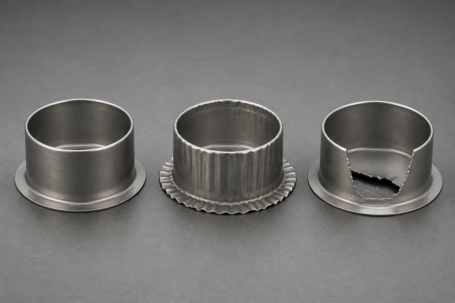 Three identical deep drawn steel cups showing different outcomes: a sound cup with a clean wall, a cup with radial wrinkles across the flange and wall, and a cup with a ruptured thinned bottom