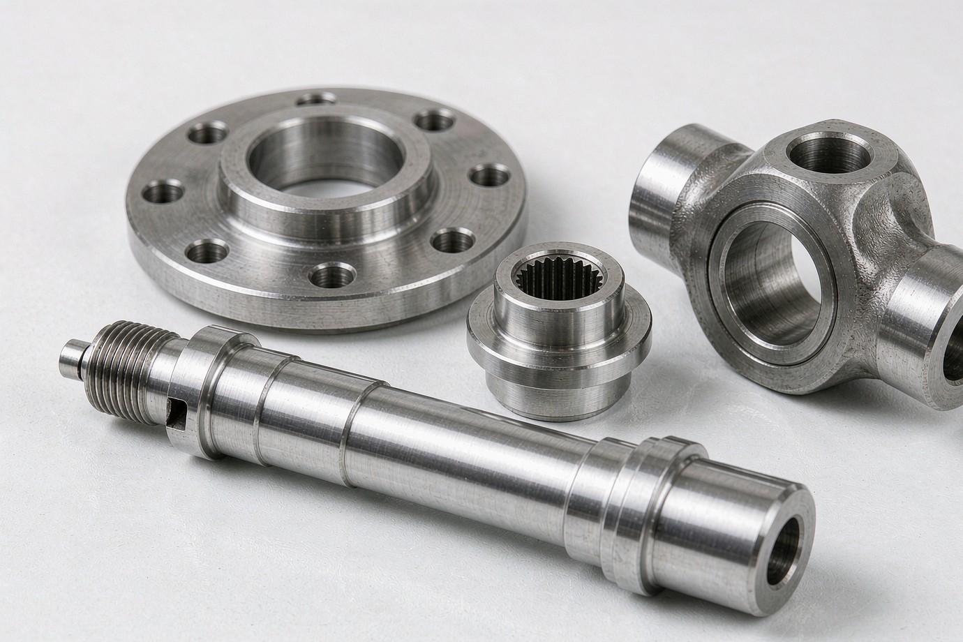 Assorted CNC-machined driveline components: shafts, flanges, yokes and splined parts