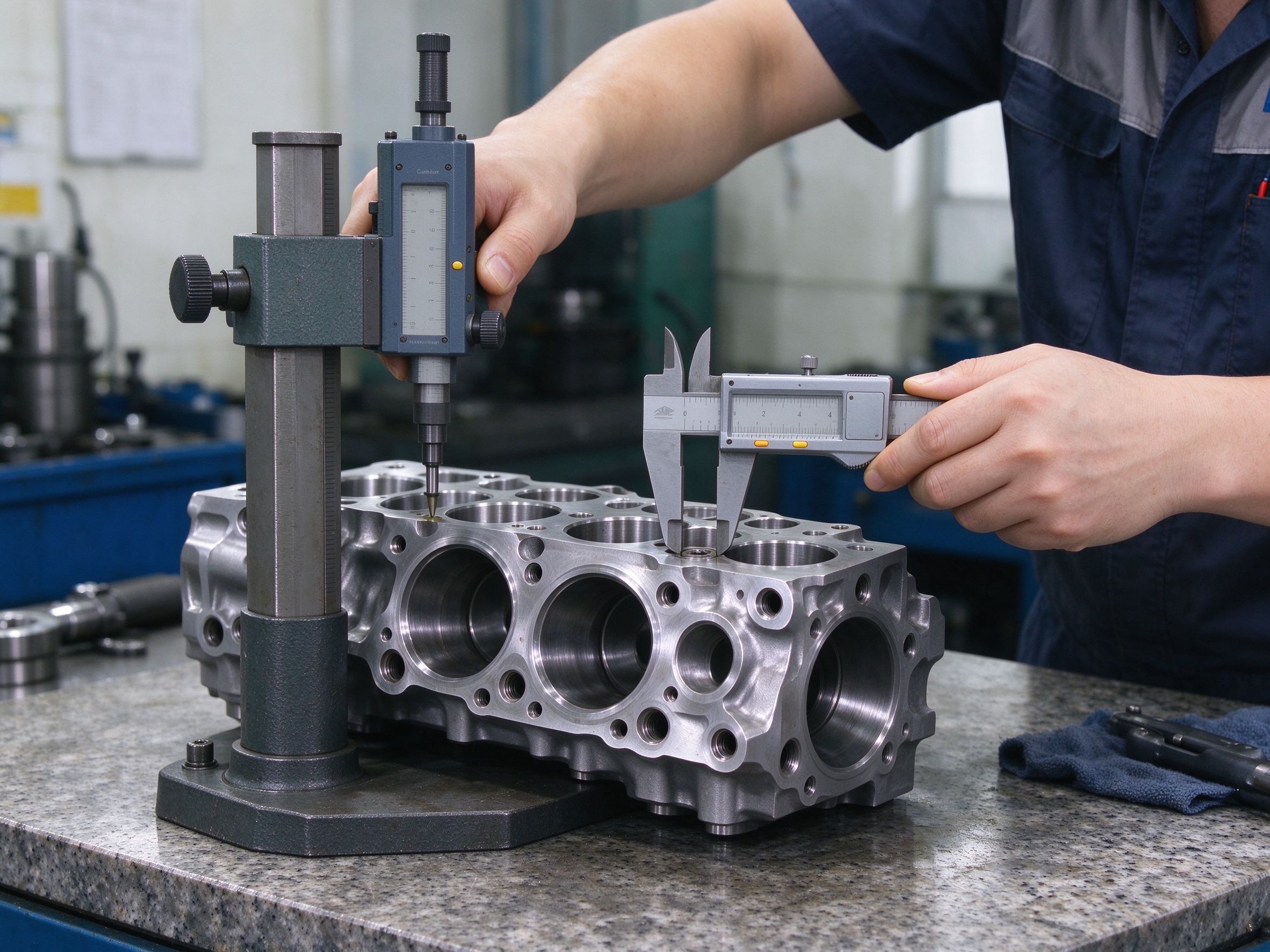 Inspector measuring bore dimensions of a machined engine component