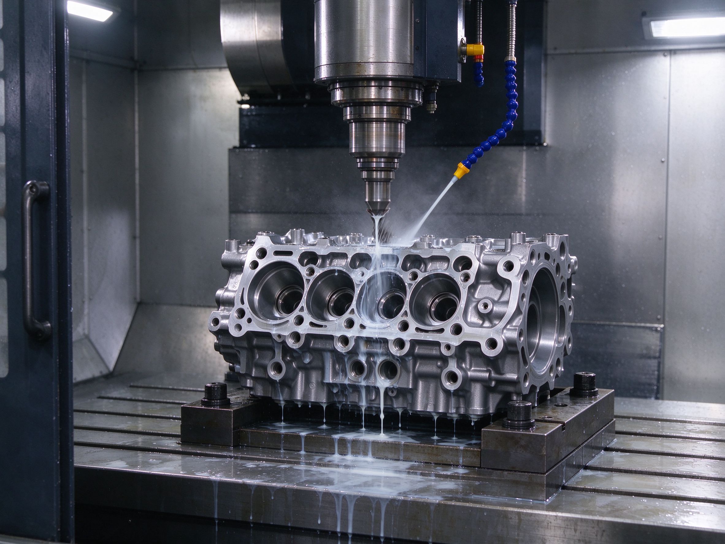 5-axis CNC machining center milling an engine housing component