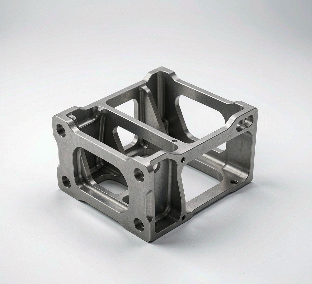 Thin-walled titanium bracket part showing delicate ribbed geometry
