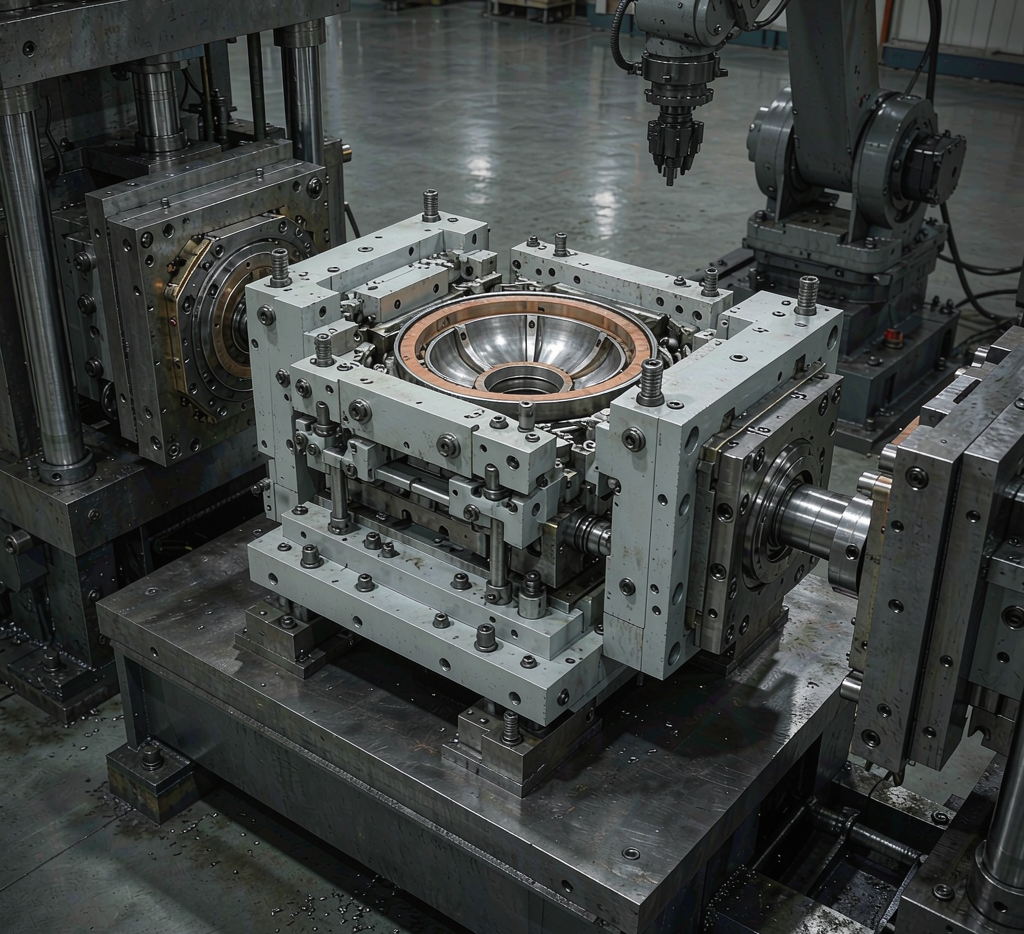 Automotive lamp injection mold tooling installed in an injection molding machine