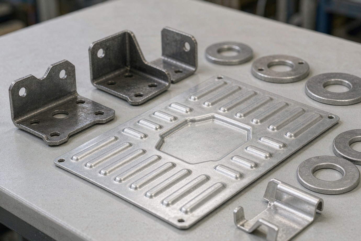 Assortment of custom metal stamped steel and aluminium parts including brackets, washers and a panel with raised embossed ribs