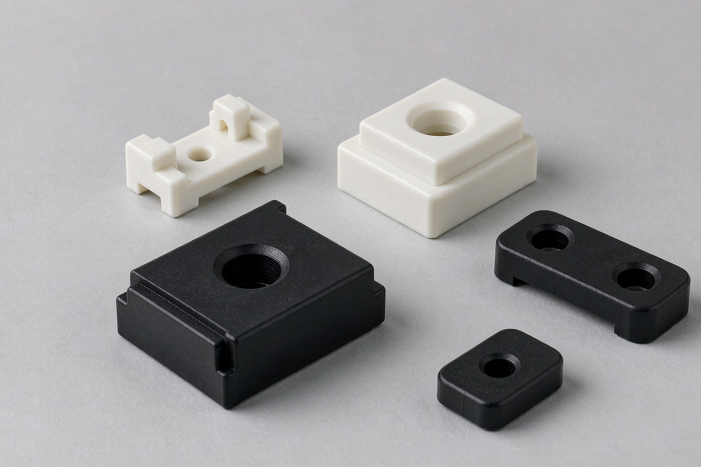 Set of several different small injection-molded plastic parts grouped together