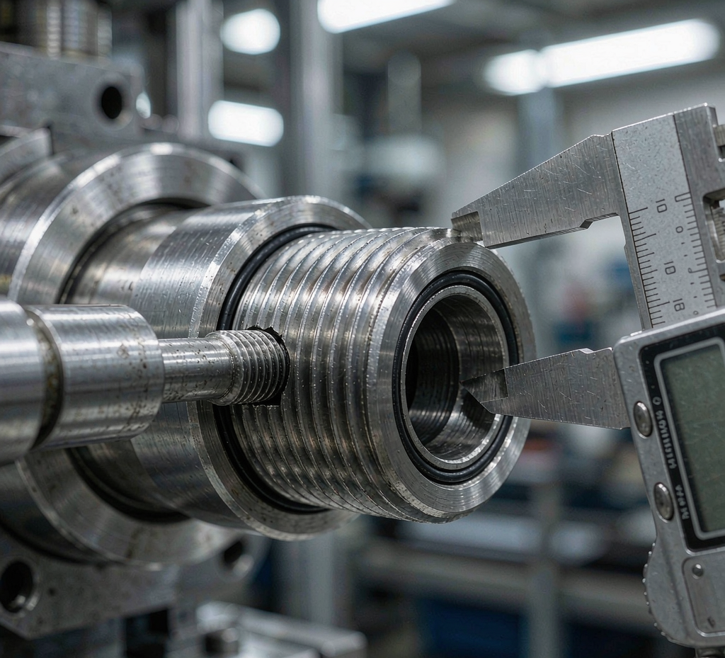 Stainless steel turned fitting with external threads and an O-ring groove measured by a digital caliper during inspection