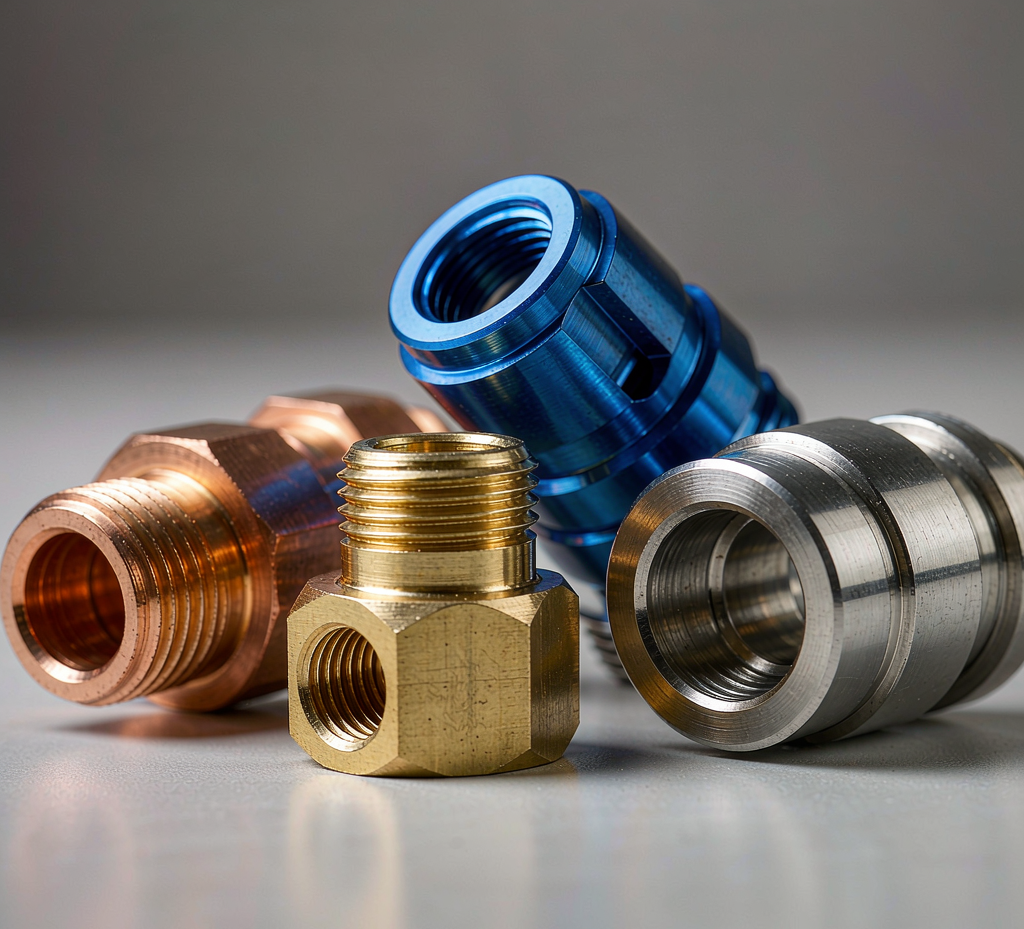 CNC machined brass, stainless steel, anodized aluminum and copper fittings and connector bodies arranged on a studio surface