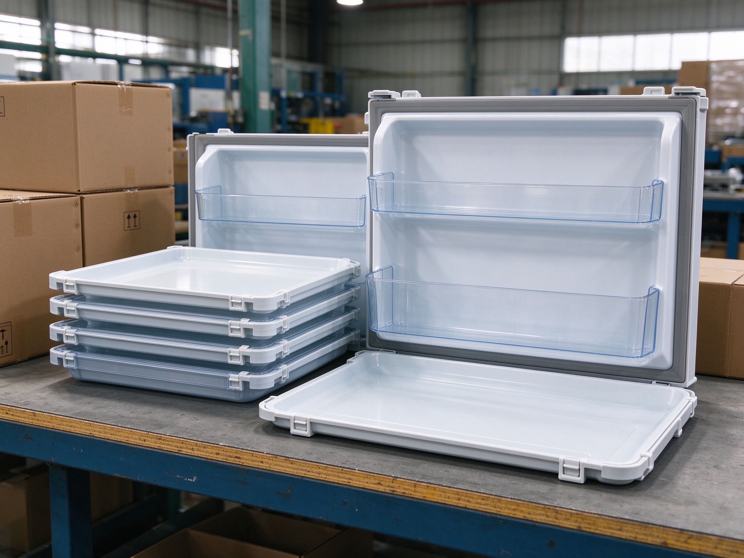 Molded refrigerator door bins and trays with snap-fit features
