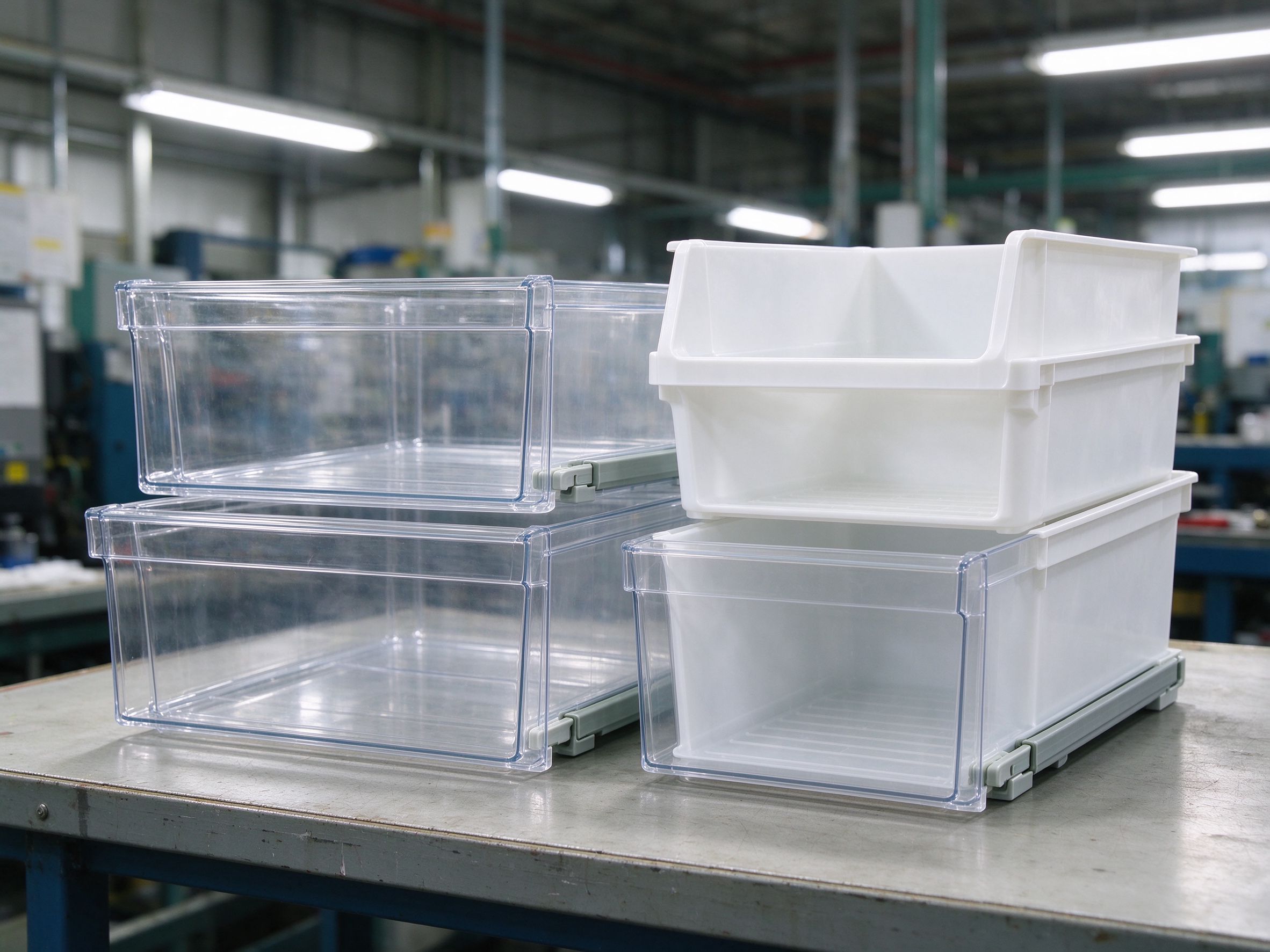 Injection-molded refrigerator crisper drawers and storage bins
