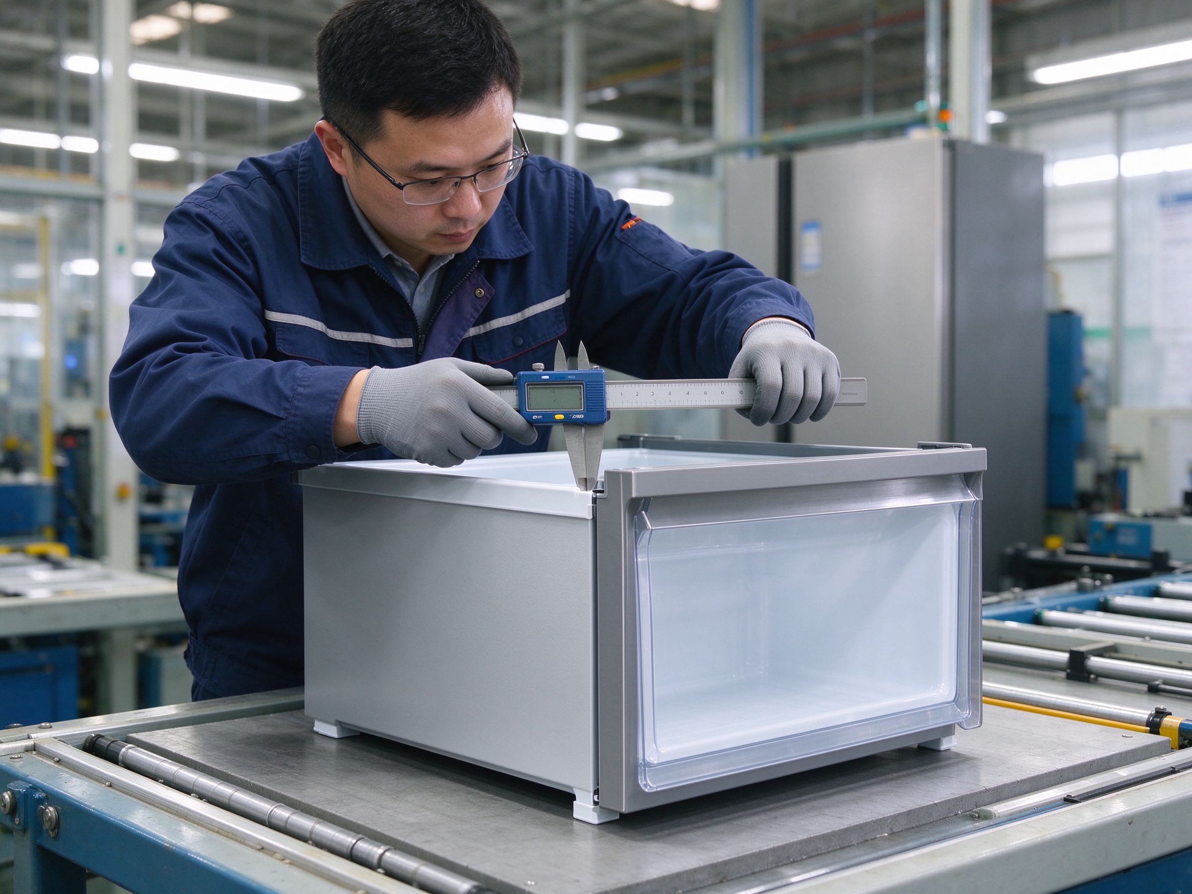 Inspector measuring dimensions of a molded refrigerator drawer