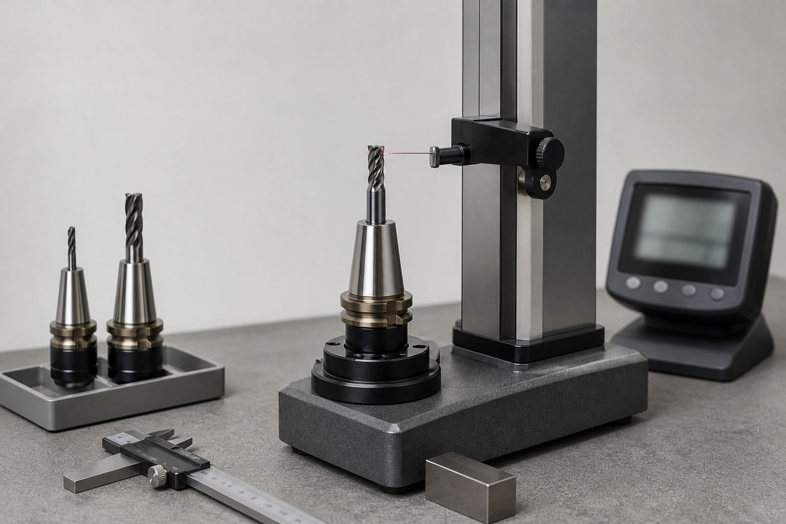 Tool presetting and measuring device holding a tool holder with an end mill, with a digital readout unit on the bench and hand measuring tools beside it