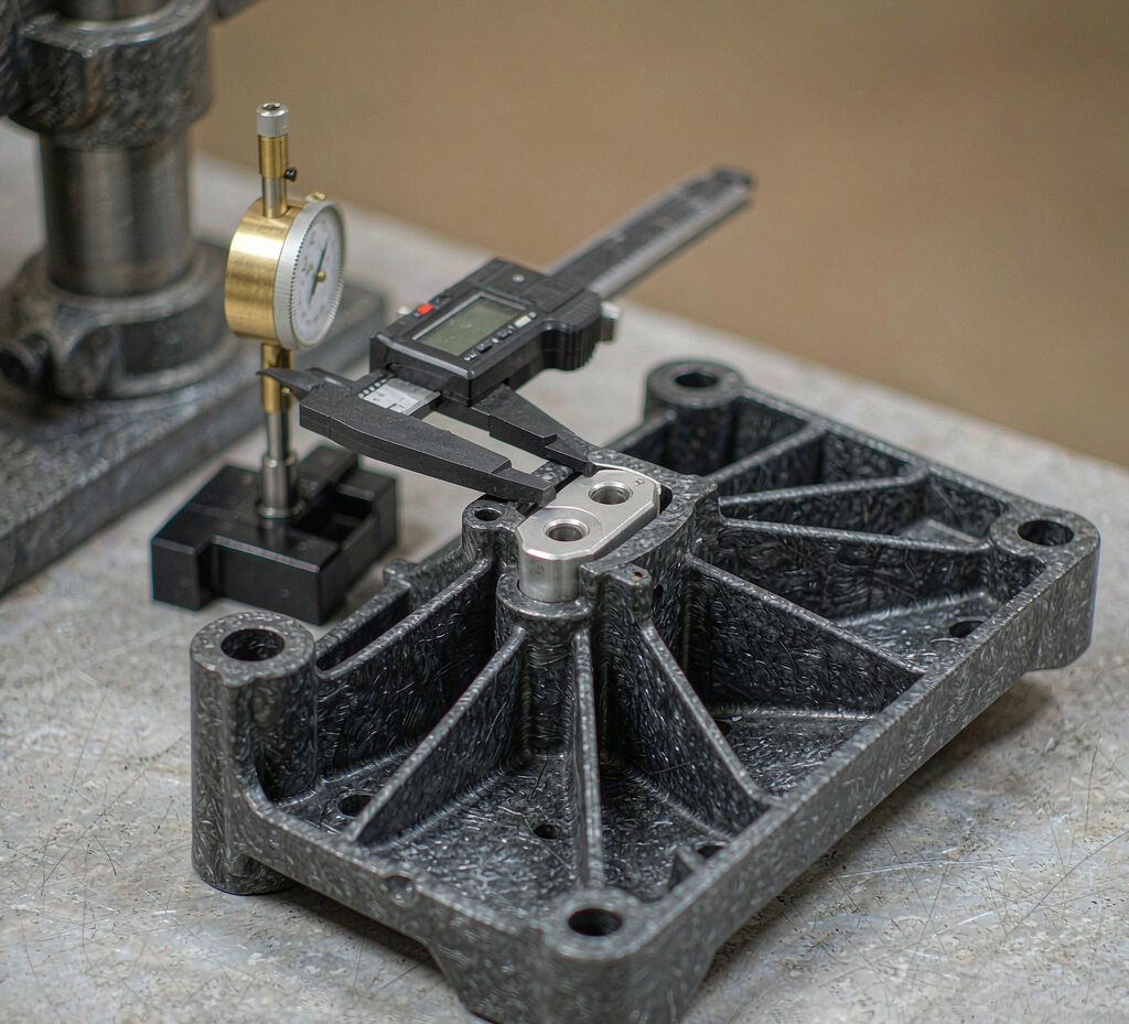 Glass-filled structural bracket with metal insert being measured with a digital caliper beside a dial indicator on a granite inspection plate