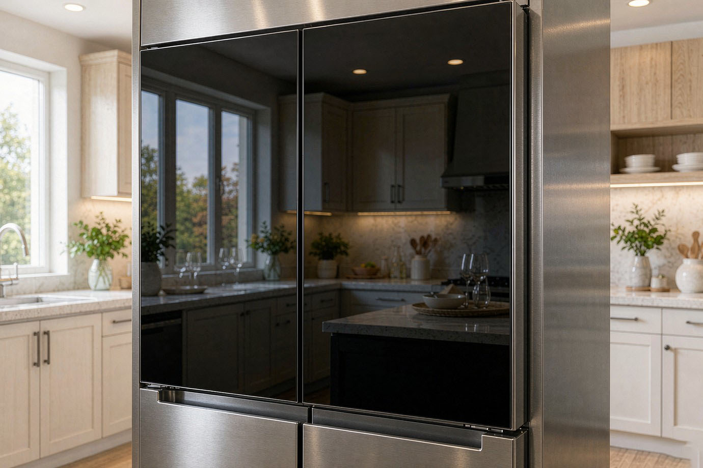 Illustrative — high-gloss black panel installed on a modern stainless steel refrigerator reflecting a bright kitchen