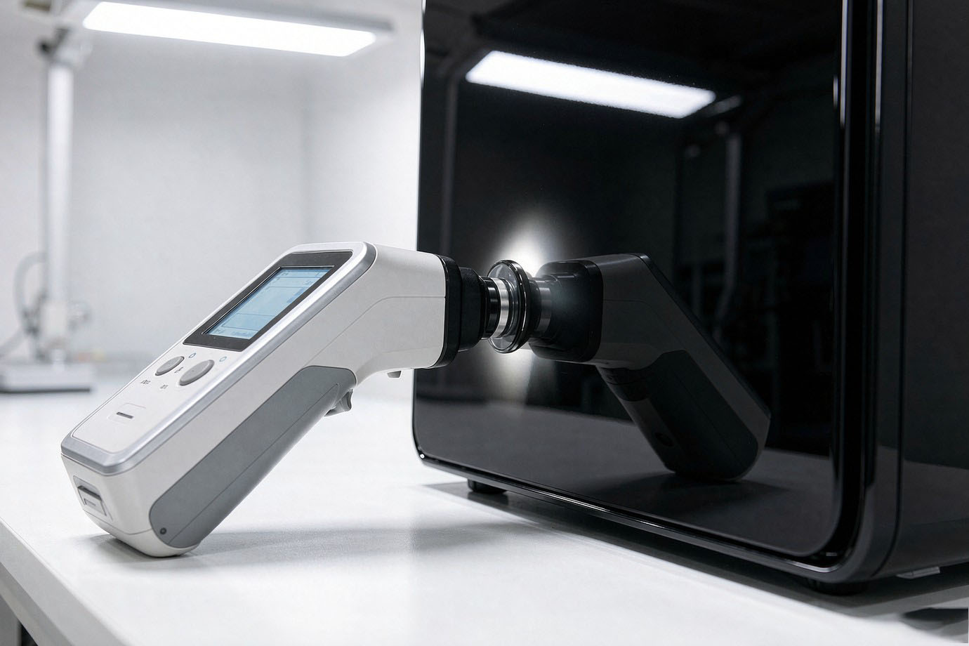 Illustrative — gloss meter measuring the reflective surface of a high-gloss black appliance panel on a clean inspection bench