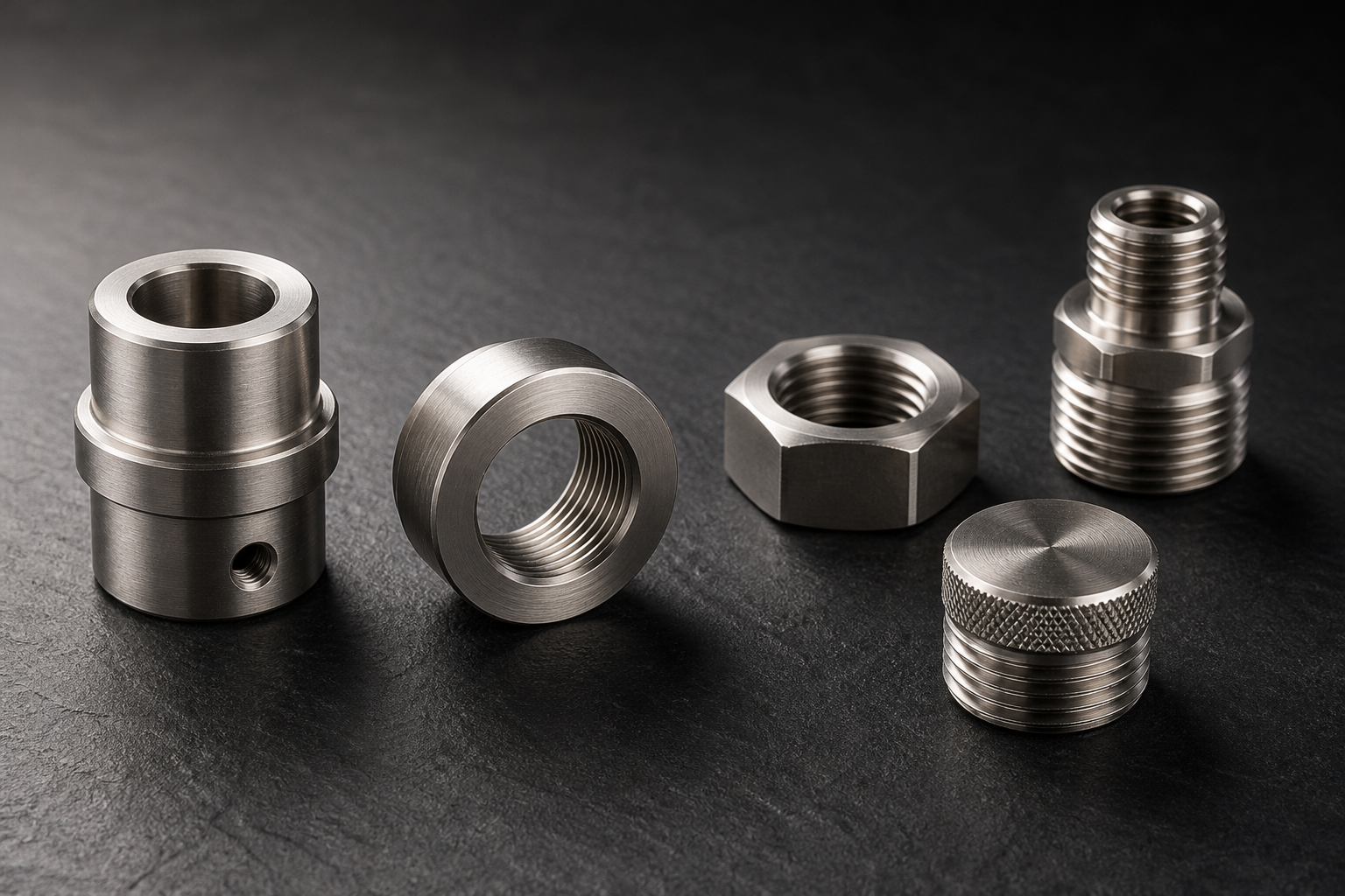 Five turned stainless steel fittings on a dark surface: a union body with a mid collar and a small cross-hole, a threaded bushing with a wide plain face, a hex backnut, a stepped reducing adaptor and a threaded cap, all in brushed passivated austenitic stainless