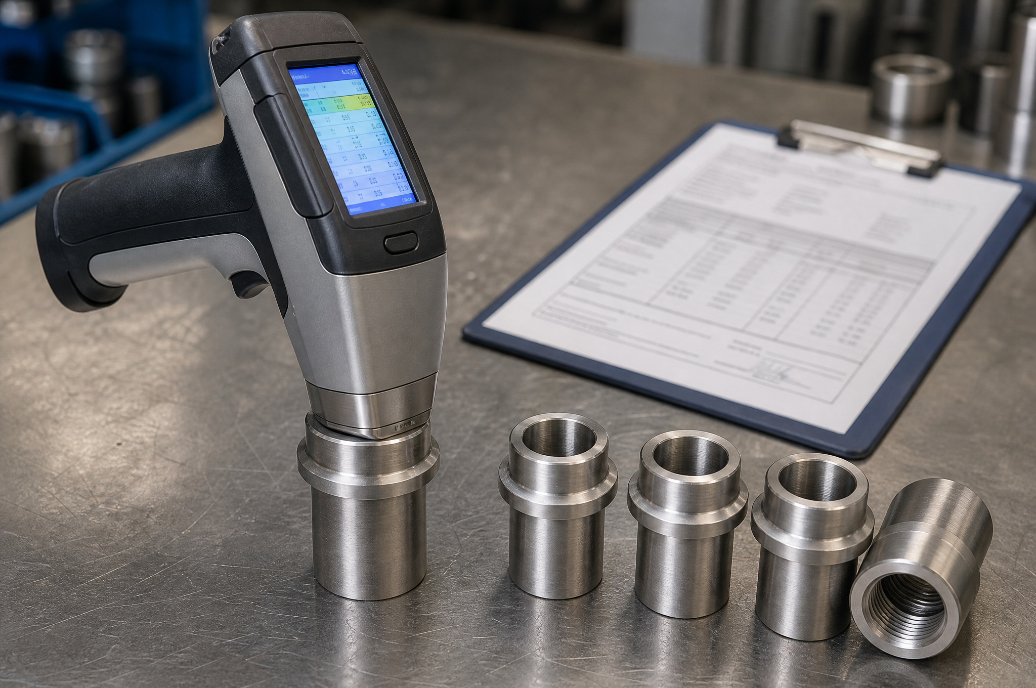 A handheld X-ray fluorescence alloy analyser held against the collar of a turned stainless fitting on a bench, its screen showing an alloy grade read-out, with a row of identical fittings and a mill certificate beside it