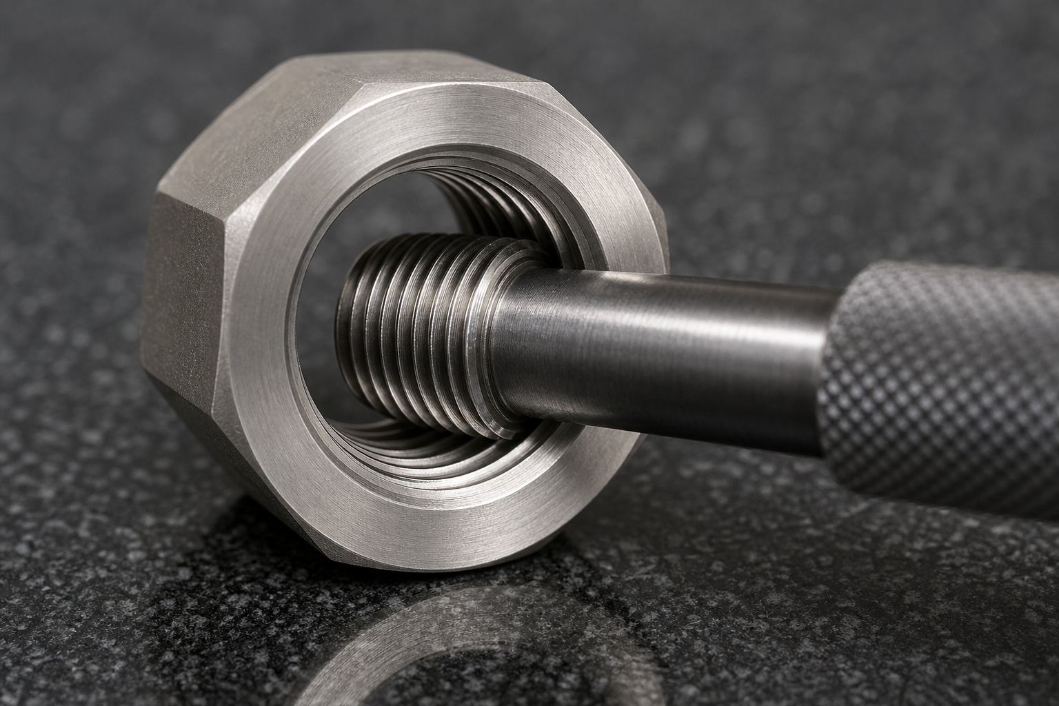 A stainless steel hex bushing lying on a granite surface plate with a ground steel thread plug gauge entering its bore coaxially, the gauge and the internal thread meshing over several turns