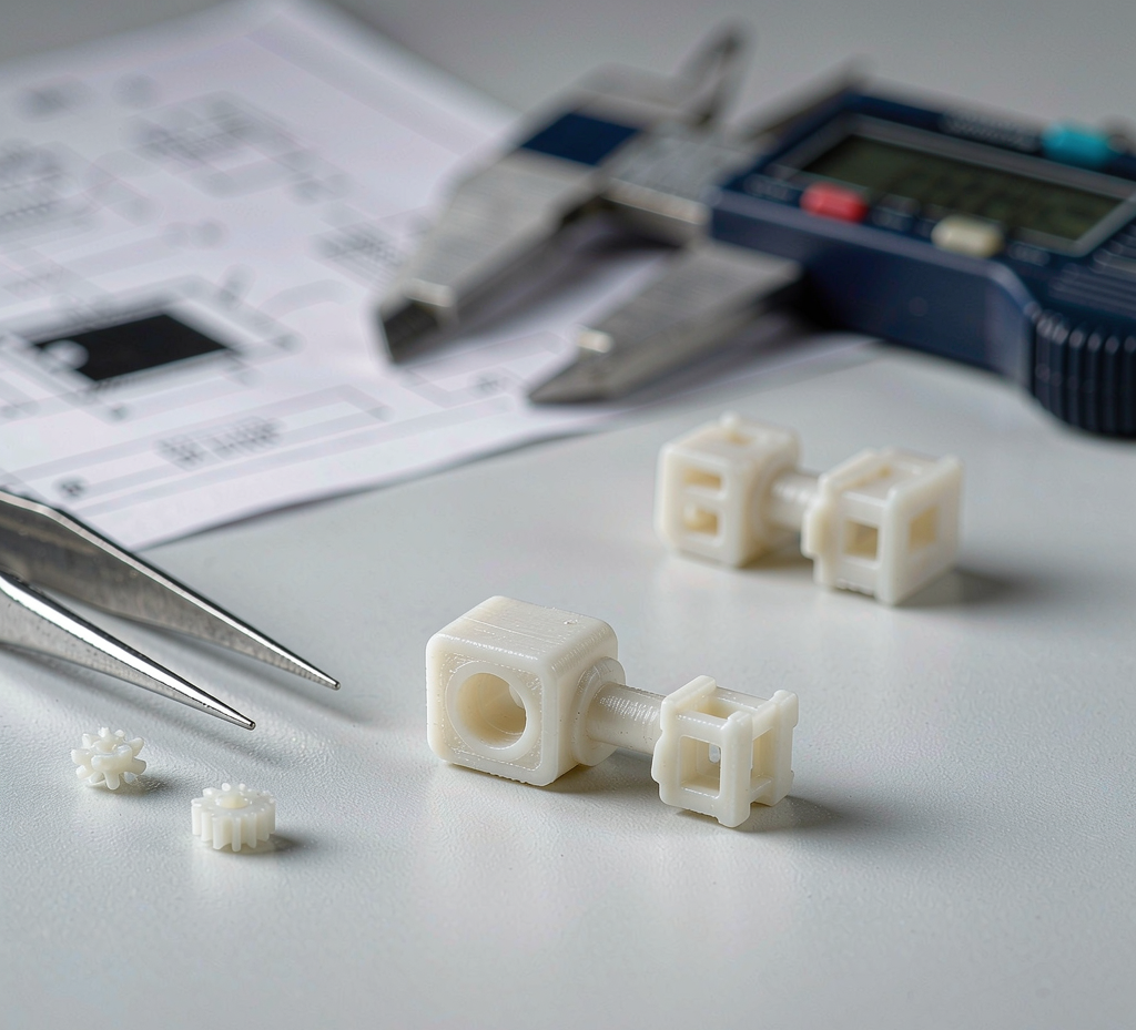 Miniature precision-molded plastic connector housing and micro gear on an engineering desk with a technical drawing and calipers