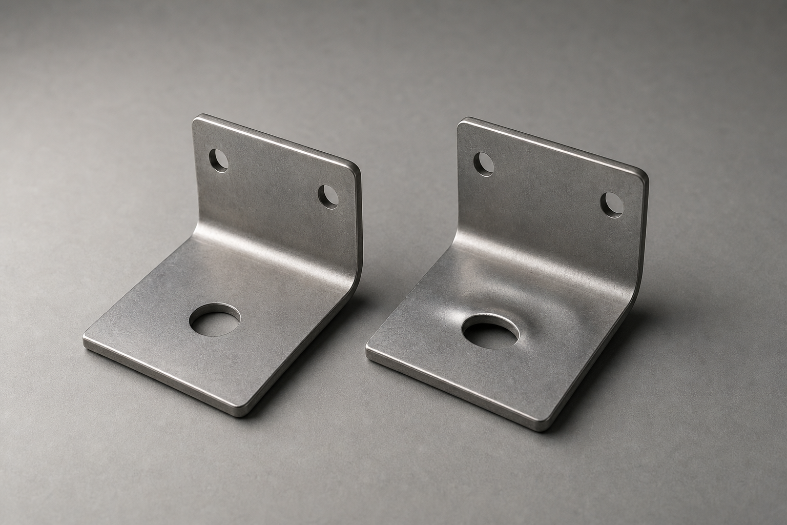 Two identical bent steel brackets side by side, the left with a round undistorted hole clear of the bend line and the right with the hole close to the bend visibly pulled out of round with a distortion wave in the surface