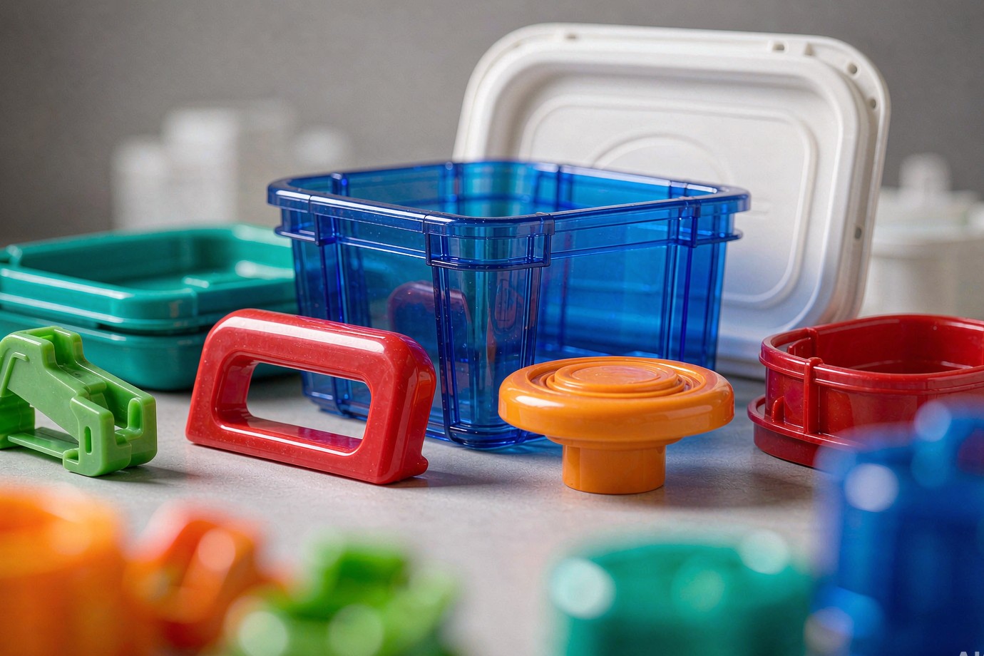 A set of custom injection-molded household plastic parts in several colors, shown as a sample collection (Illustrative)