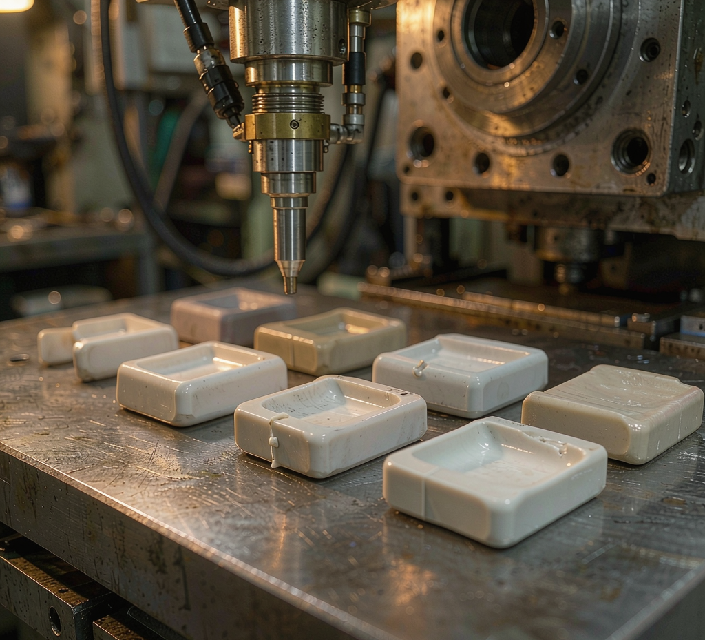 Injection nozzle and freshly molded plastic parts with gate marks on a factory workbench