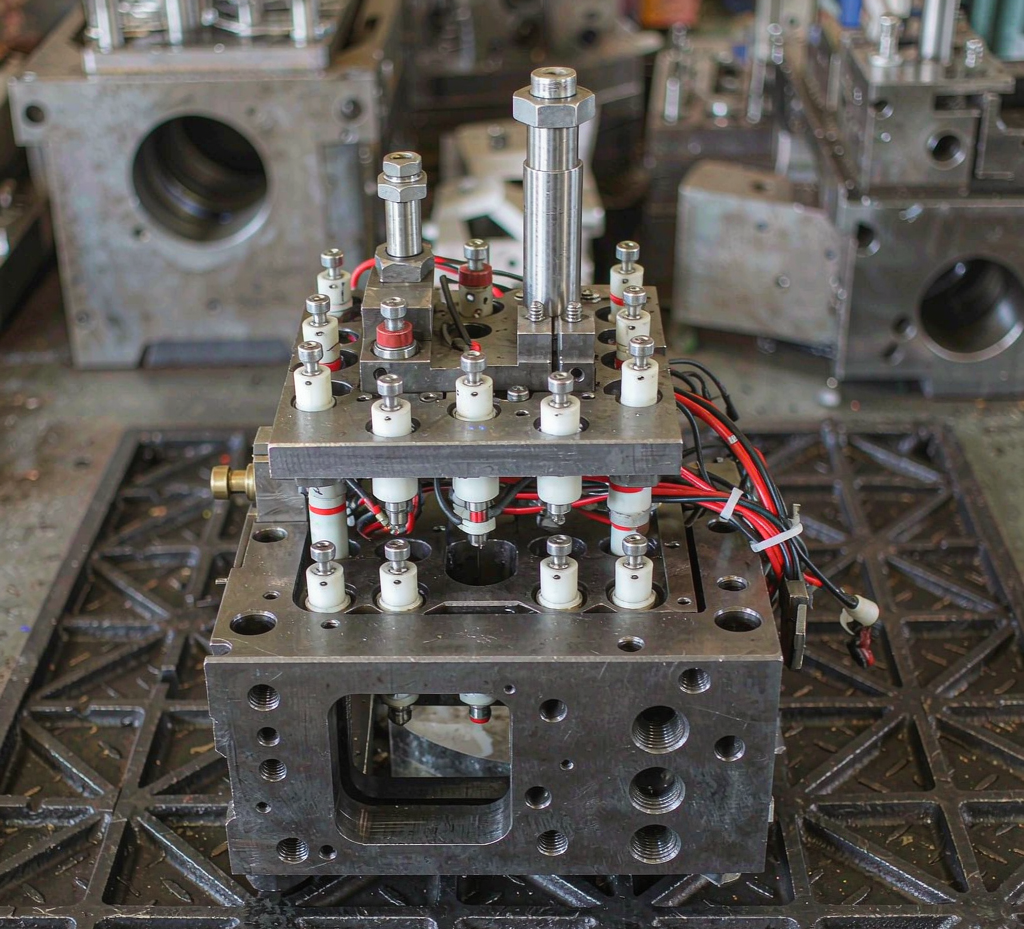 Injection mold with hot runner manifold system, nozzle tips and thermocouple wiring on a workshop workbench