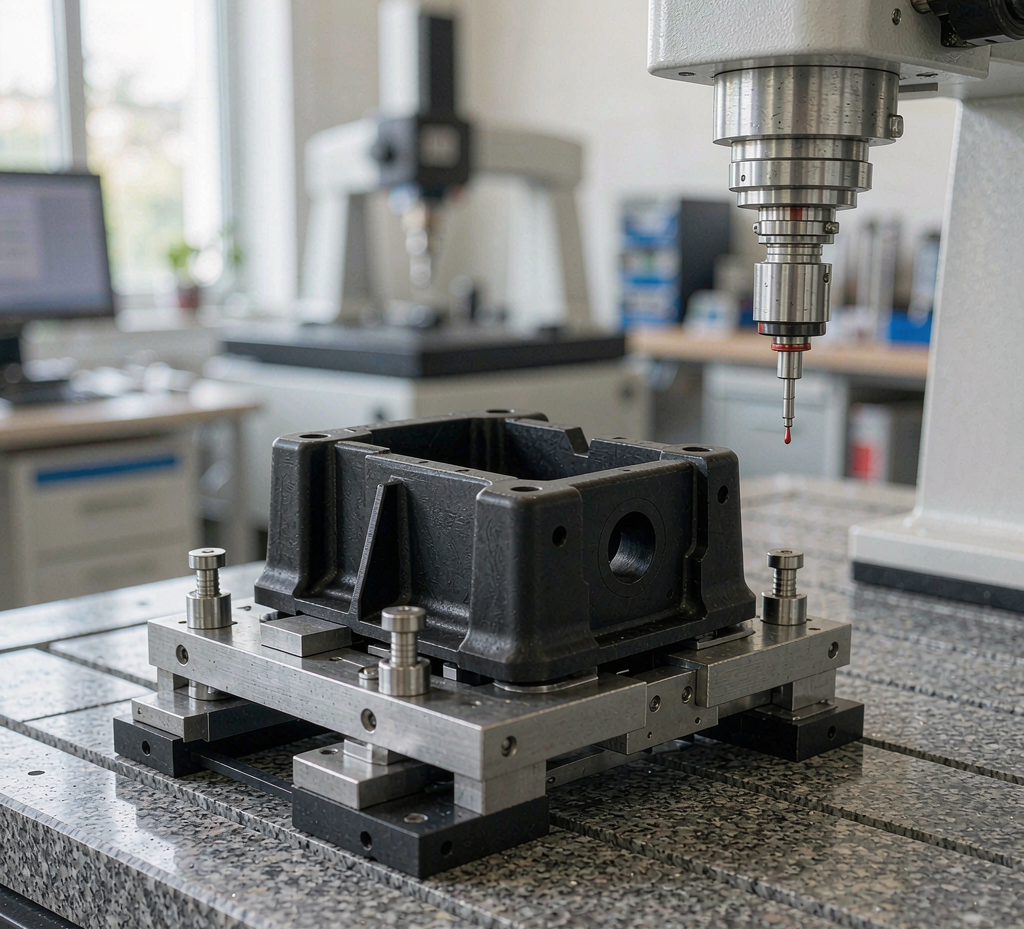 Critical dimensions of a molded high-temperature engineering plastic component measured in a quality lab