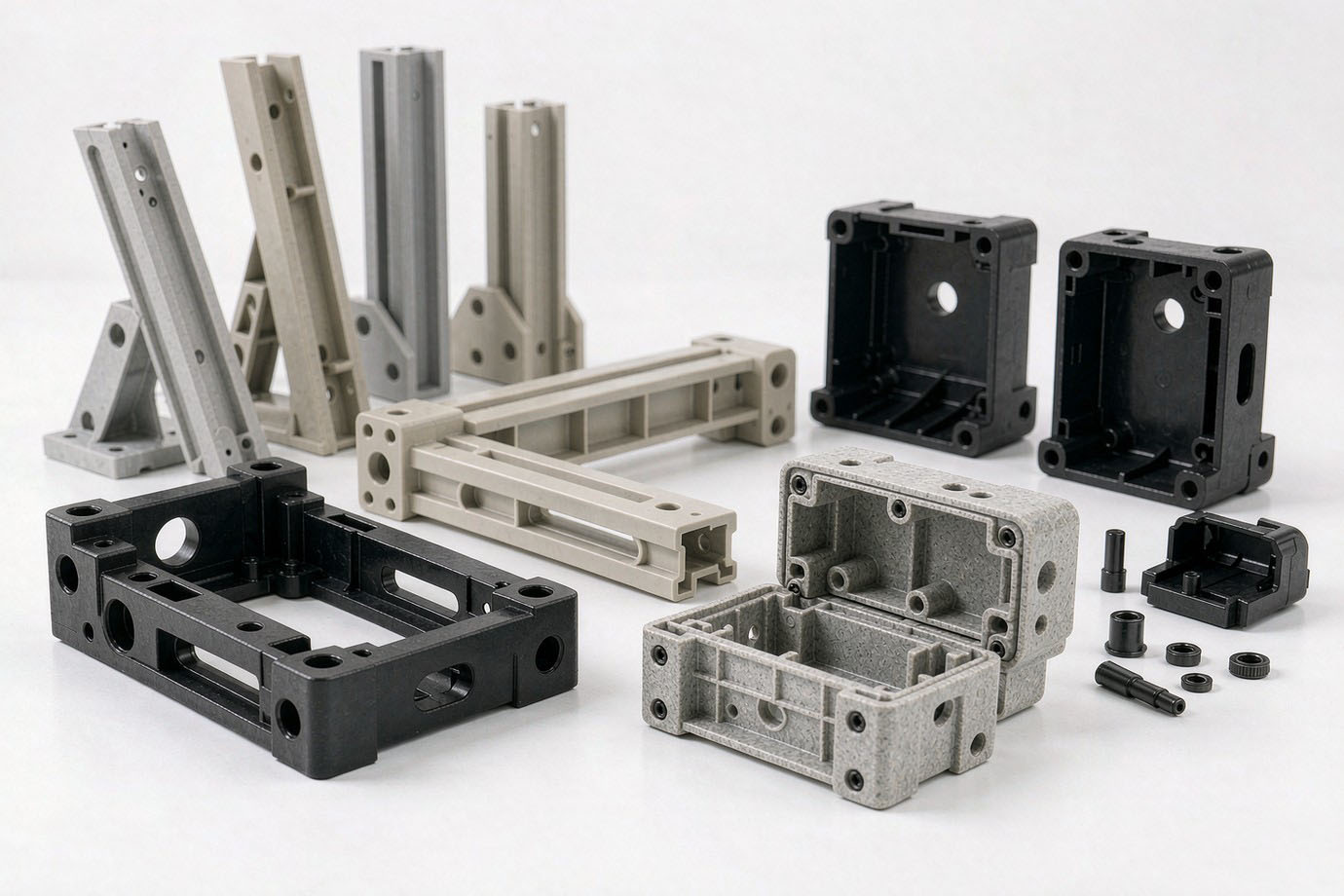 Illustrative — arranged strong injection-molded engineering plastic brackets and equipment housings on a bright studio surface