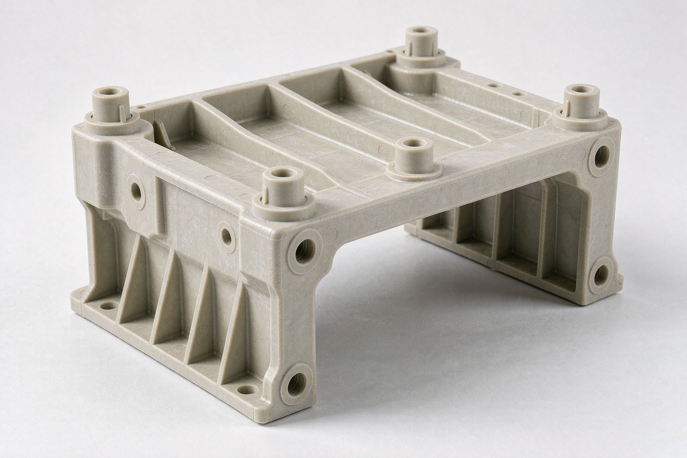 Illustrative — reinforced injection-molded plastic bracket in three-quarter view showing integrally molded ribs, bosses and corner radii